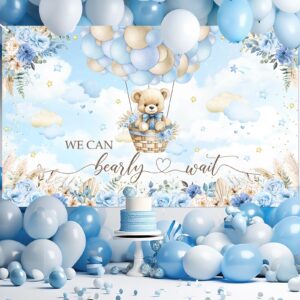 Avezano We Can Bearly Wait Backdrop Boho Blue Floral We Can Bearly Wait Banner Bearly Wait Baby Shower Party Decorations for Boys 70.8x43.3 inch (Blue)