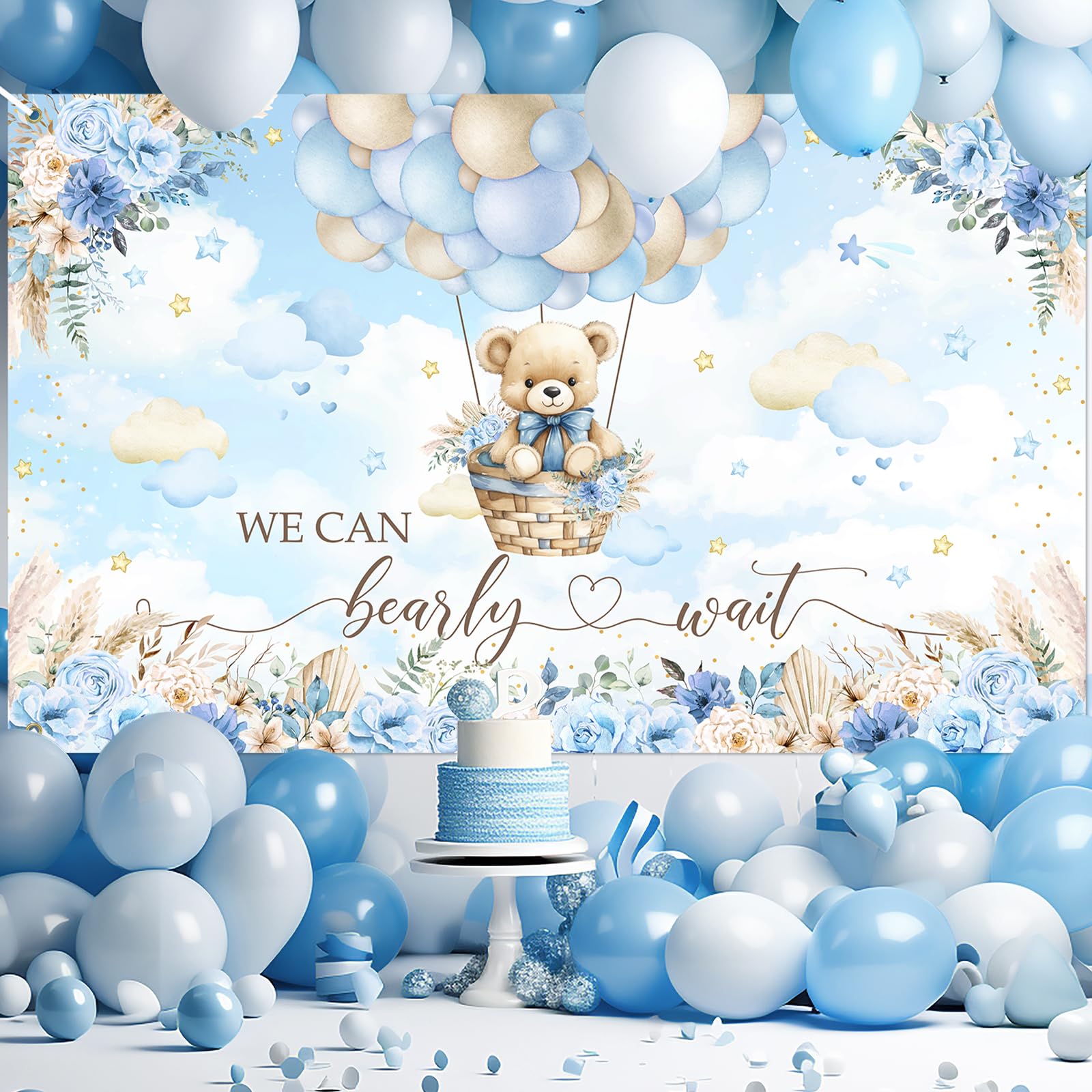 Avezano We Can Bearly Wait Backdrop Boho Blue Floral We Can Bearly Wait Banner Bearly Wait Baby Shower Party Decorations for Boys 70.8x43.3 inch (Blue)