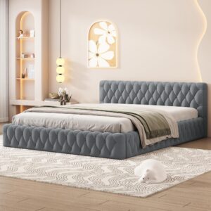 grounded bed upholstered platform bed with unique design thick fabric headboard, wood platform bed frame for kids adults bedroom furniture, upholstered bed floor bed (gray-4, queen)