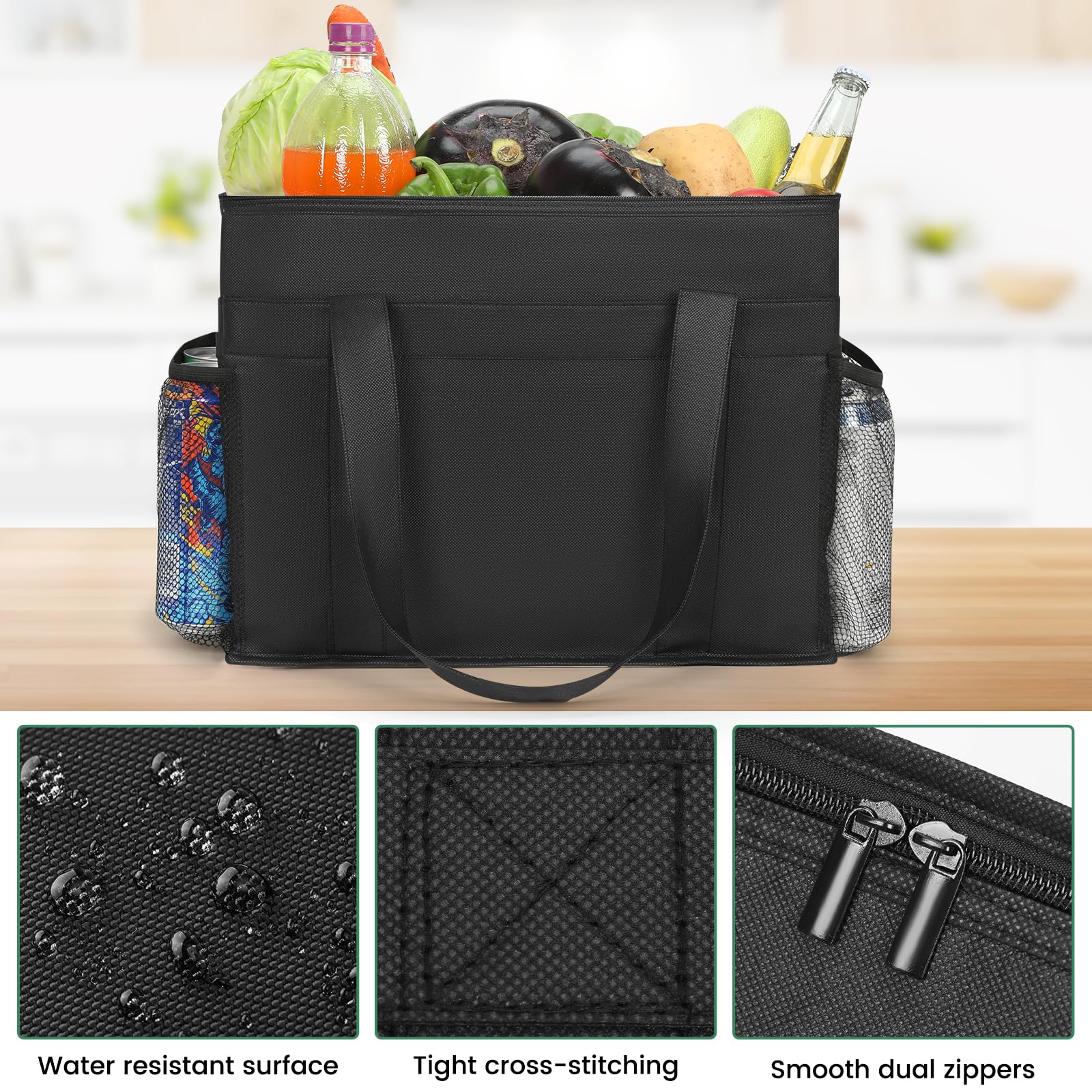 Carbrea Insulated Reusable Grocery Bags - 2 Pack Foldable Cooler Bag Shopping Bags with Side Mesh Pocket Food Delivery Bag for Men Women Storage Shopping Picnic - Black