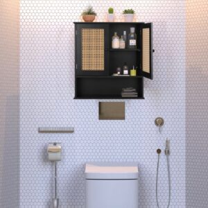 Bathroom Medicine Cabinet Wall Mounted,Black Rattan Storage Cabinet,Towel Cabinet for Bathroom Storage Over the Toilet,Floating Cabinet for Small Spaces,Hanging Cabinet for Kitchen Laundry Living Room