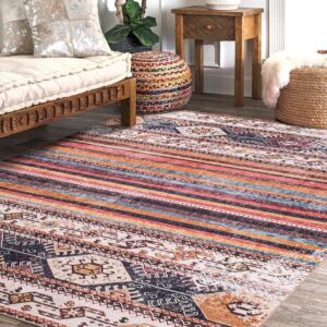 washable rug 6x9 stripe boho area rug, vintage living room rug indoor non-slip non-shedding soft foldable faux wool large area rug for bedroom, dining room, farmhouse, kids playroom(cream/mix)