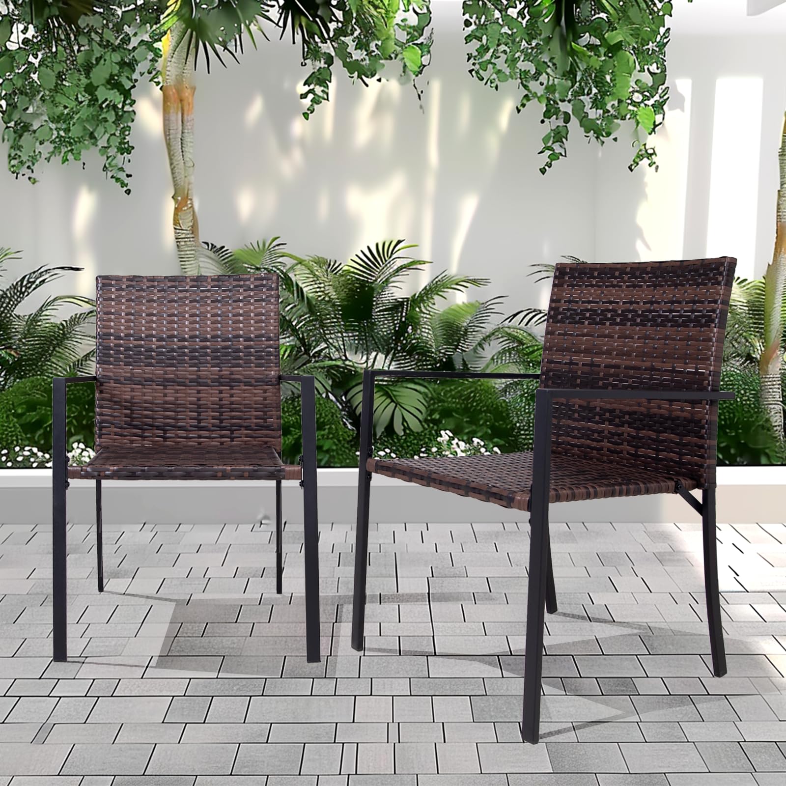 SUNNYMALL 2 Piece Patio Chairs Set of,Outdoor Wicker Dining Chairs,Steel Frame,All-Weather PE Rattan Armchair,for Garden Outdoor Furniture for Backyard Deck,Support 265lb (Brown)