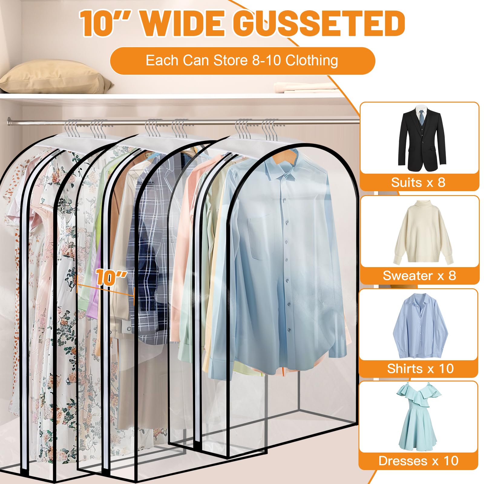 Dntorx 4 Pack Full Clear Garment Bags (40&50"), Clothes Covers with 10" Gusseted, Clear Bags for Hanging Clothes, Suit Bags, Coat Covers for Closet with Side Zip for Coats, Jackets, Windbreaker, Dress