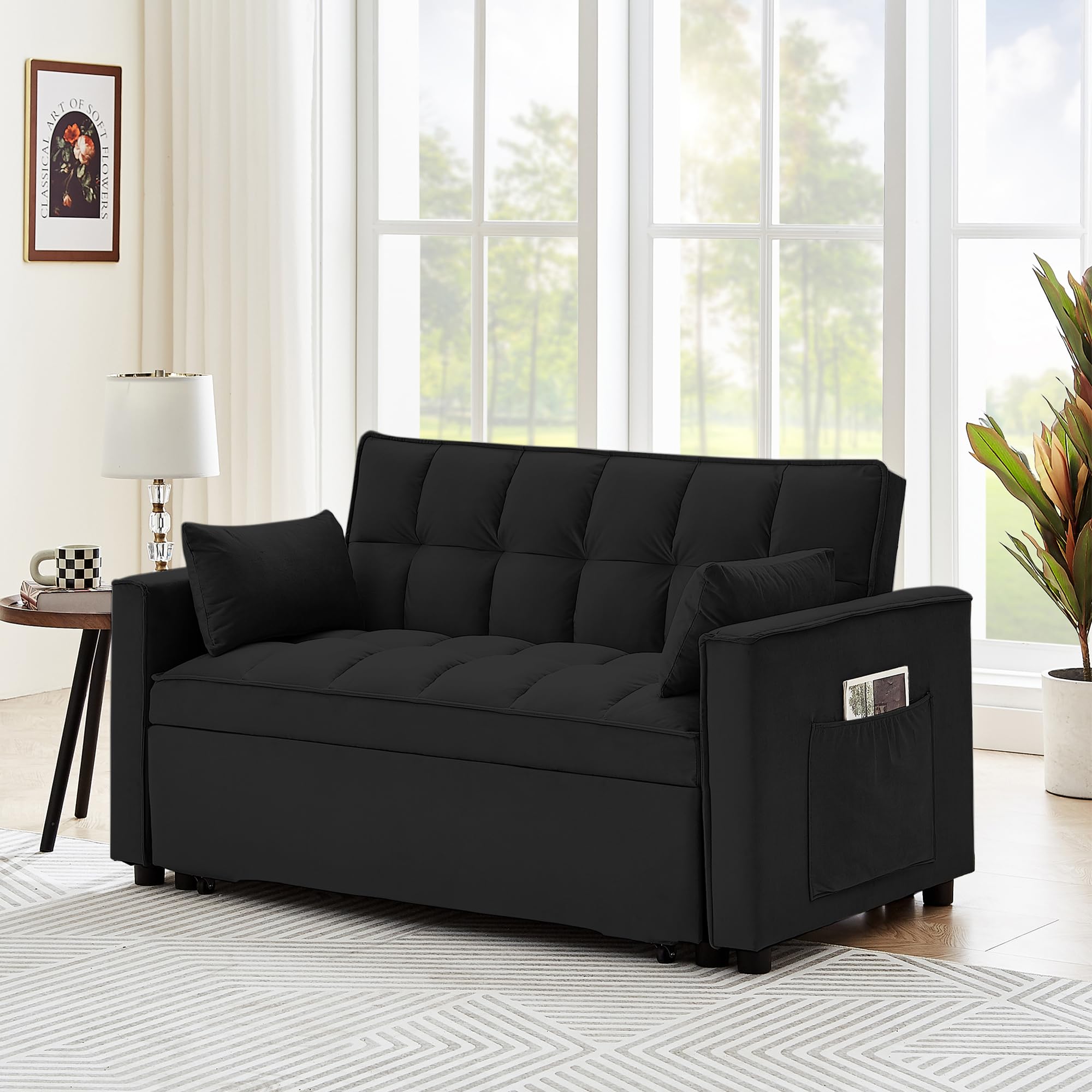 GNIXUU Black Convertible Sofa Bed, Sleeper Sofa Couch w/Pull Out Bed, 55.2" Modern Velvet Loveseat Lounge Sofa Bed w/Pillows & Adjustable Backrest for Small Space, Living Room, Apartment