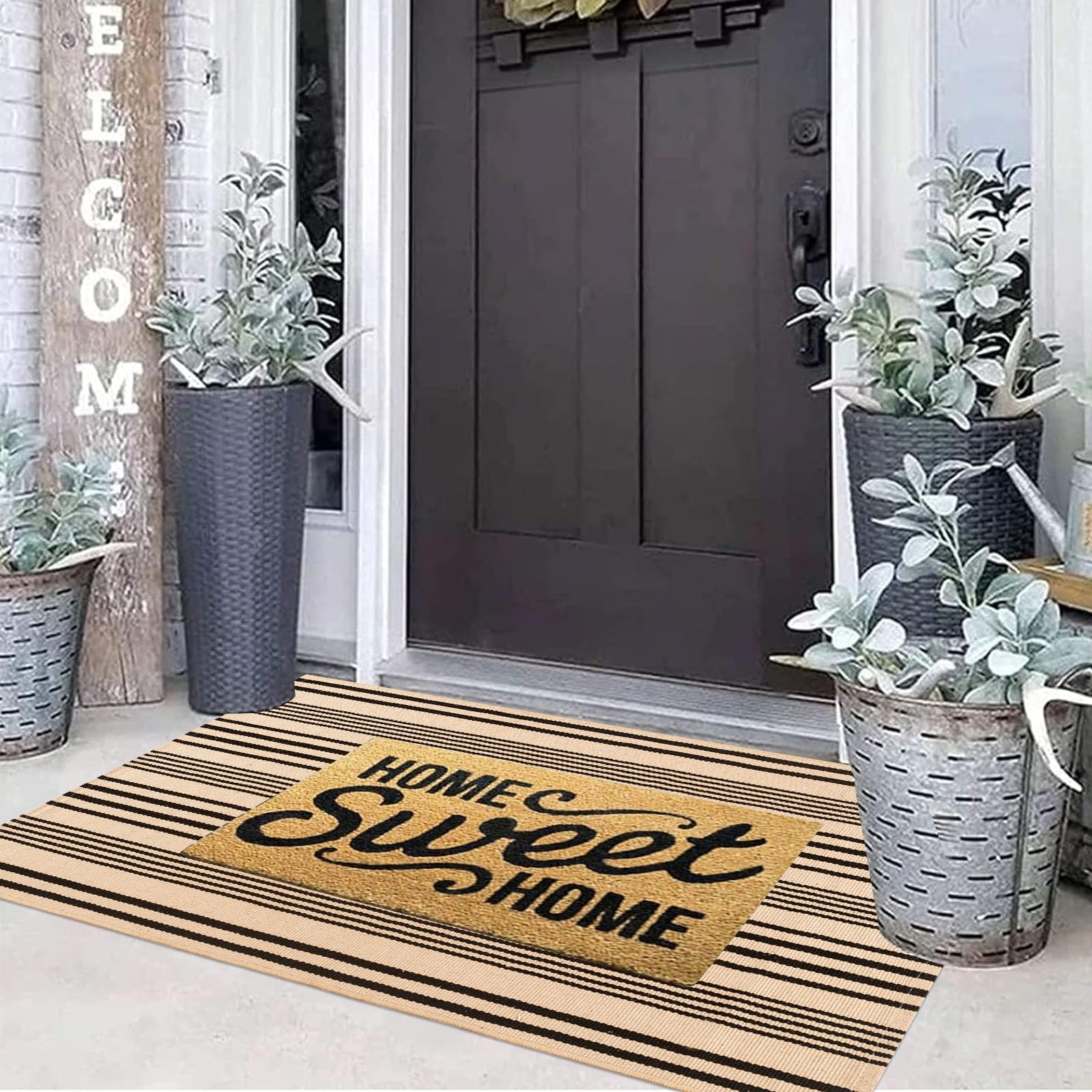 Black and Tan Striped Outdoor Rug 2'x4',Front Porch Rug Machine Washable Front Door Mat Entryway Throw Rug for Front Porch Indoor Outdoor Doormat