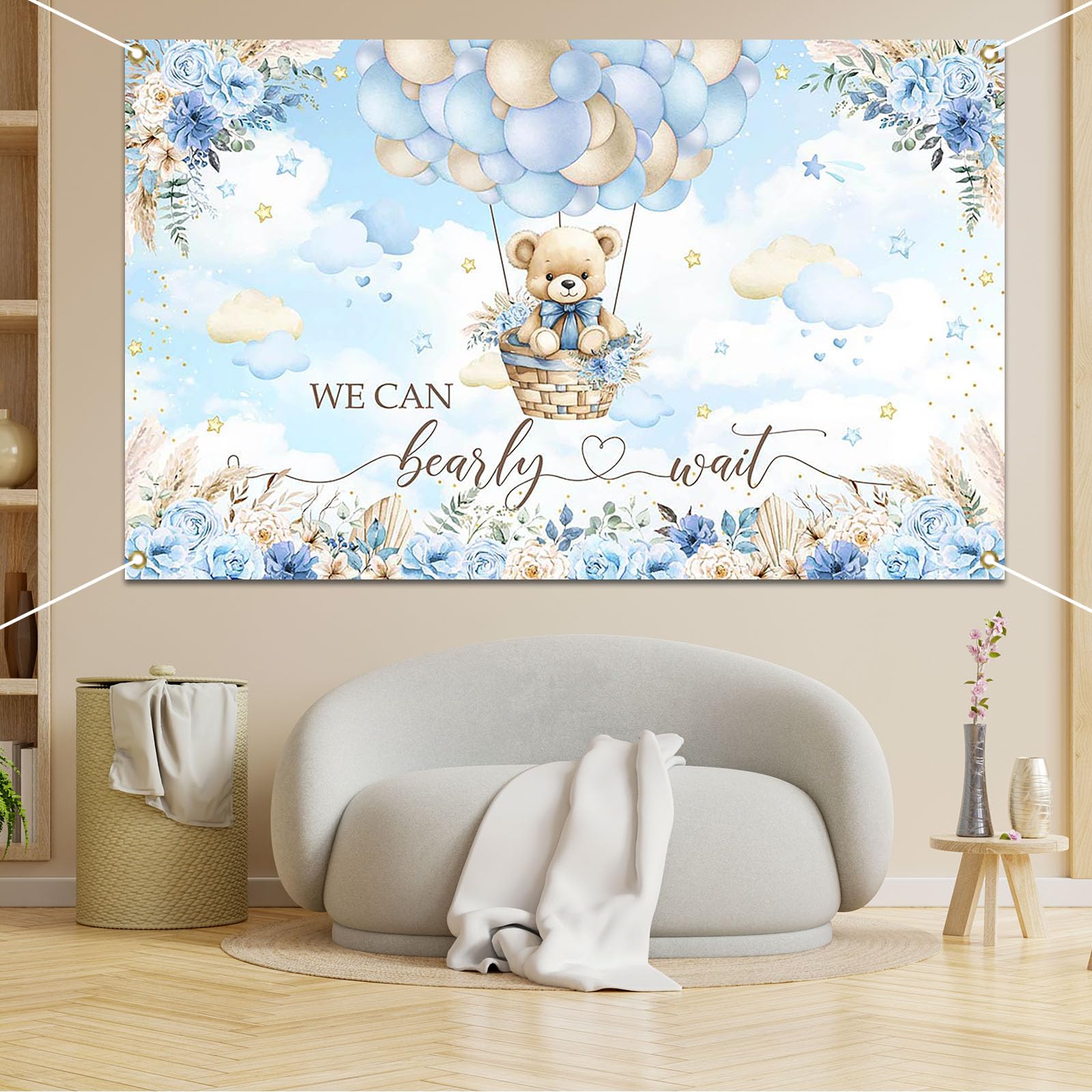 Avezano We Can Bearly Wait Backdrop Boho Blue Floral We Can Bearly Wait Banner Bearly Wait Baby Shower Party Decorations for Boys 70.8x43.3 inch (Blue)