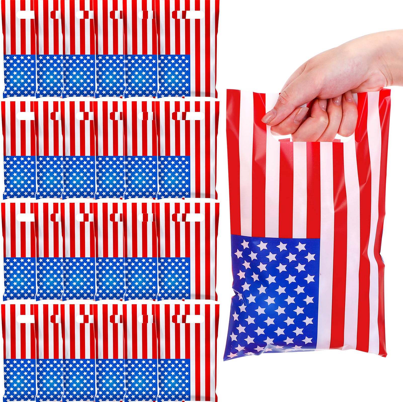 Chivertion 100 Pieces Patriotic Plastic Gift Bags Bulk American Flag Veterans Day Goodies Bags Red White and Blue Party Favors Bags Treat Bags for Labor Day Party Decoration