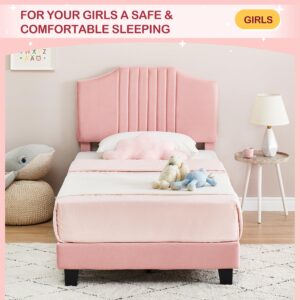 coucheta Twin Bed Frame, Velvet Upholstered Platform Bed Frame with Headboard, Wooden Slats Support, Velvet Fabric Anti Slip and Noise Free, No Box Spring Needed, Easy Assembly, Pink