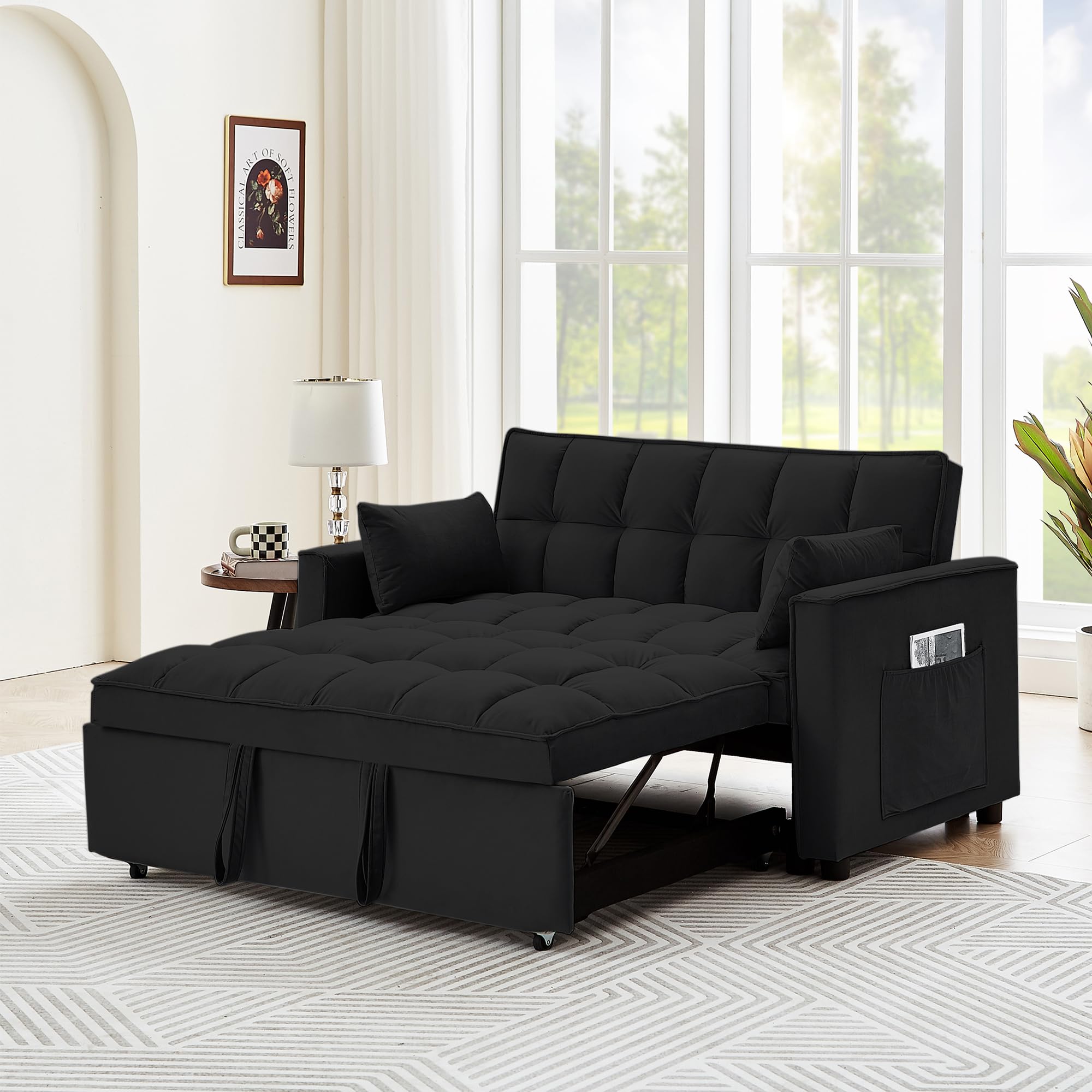 GNIXUU Black Convertible Sofa Bed, Sleeper Sofa Couch w/Pull Out Bed, 55.2" Modern Velvet Loveseat Lounge Sofa Bed w/Pillows & Adjustable Backrest for Small Space, Living Room, Apartment