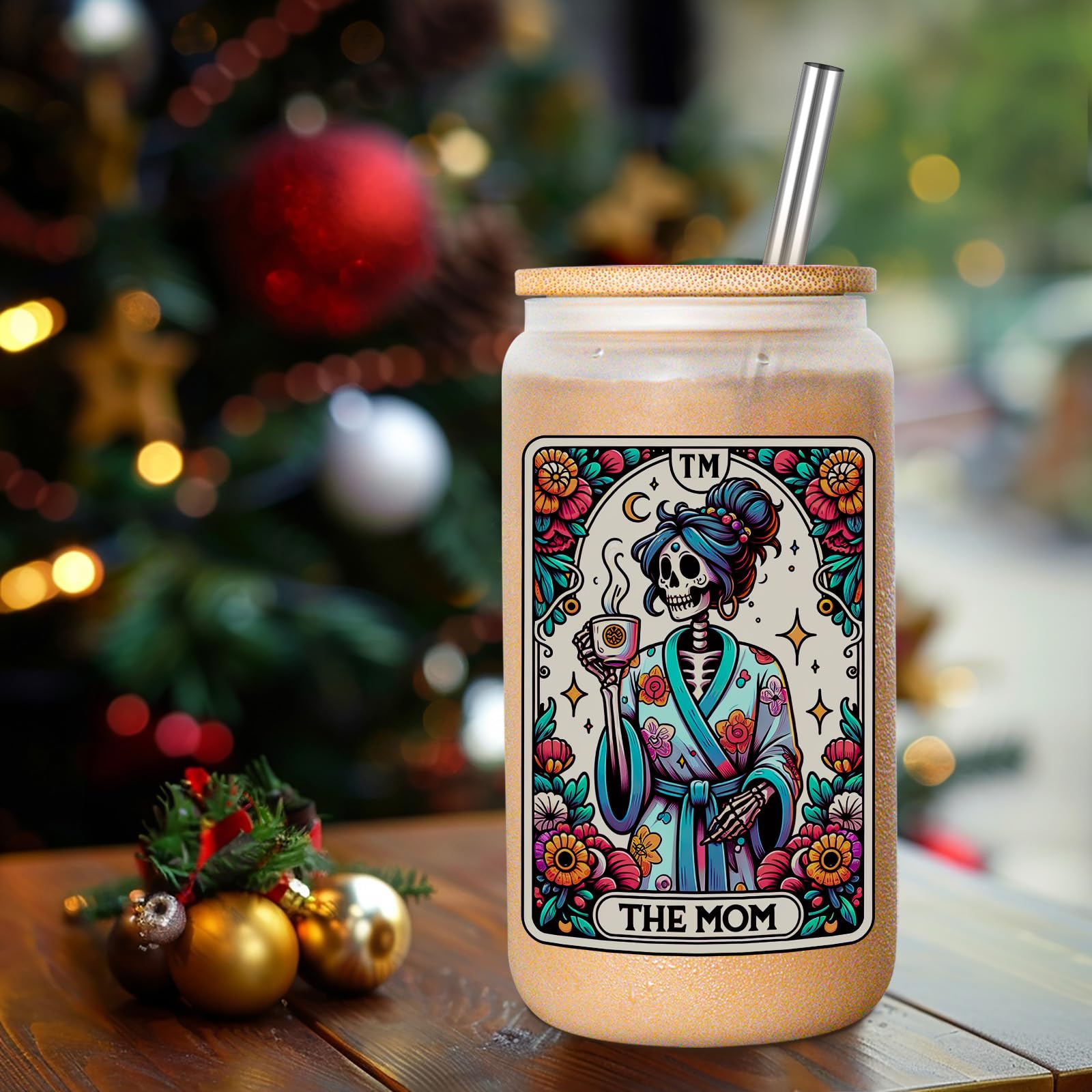 Fairy's Gift Skeleton Mom Iced Coffee Cups, Cute 16 oz Frosted Glass Cup with Lid and Straw, the Mom Tarot Card Christmas Aesthetic Skull Cups, Witchy Mama Gifts, Birthday Gifts for Mom Women