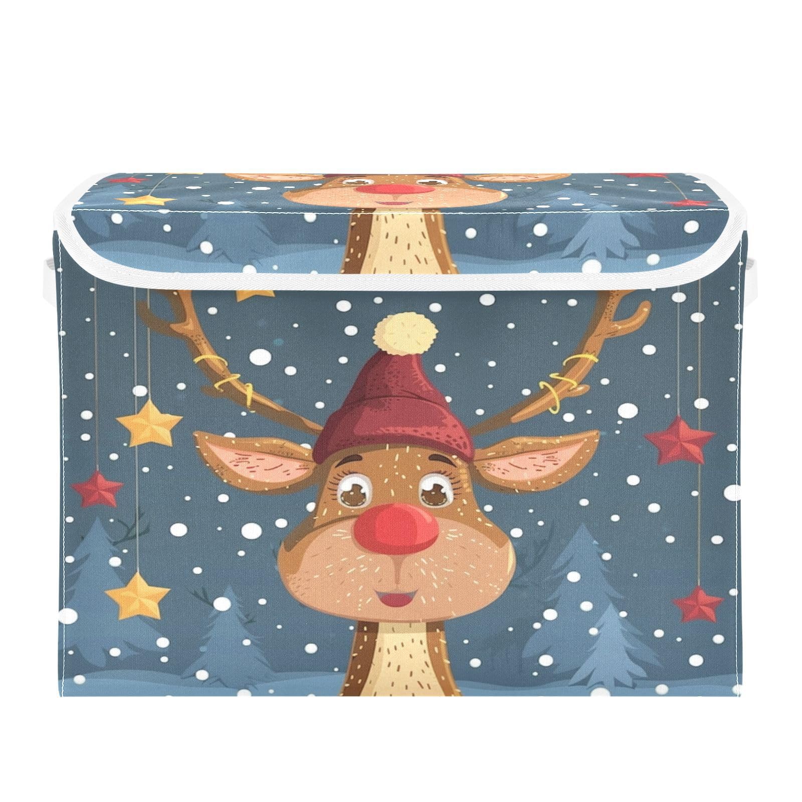 DALAWU Containers Baskets with Lids Christmas Reindeer with Red Nose Foldable Storage Bins Organizer with Lid Collapsible Storage Boxes for Home Bedroom Closet Office