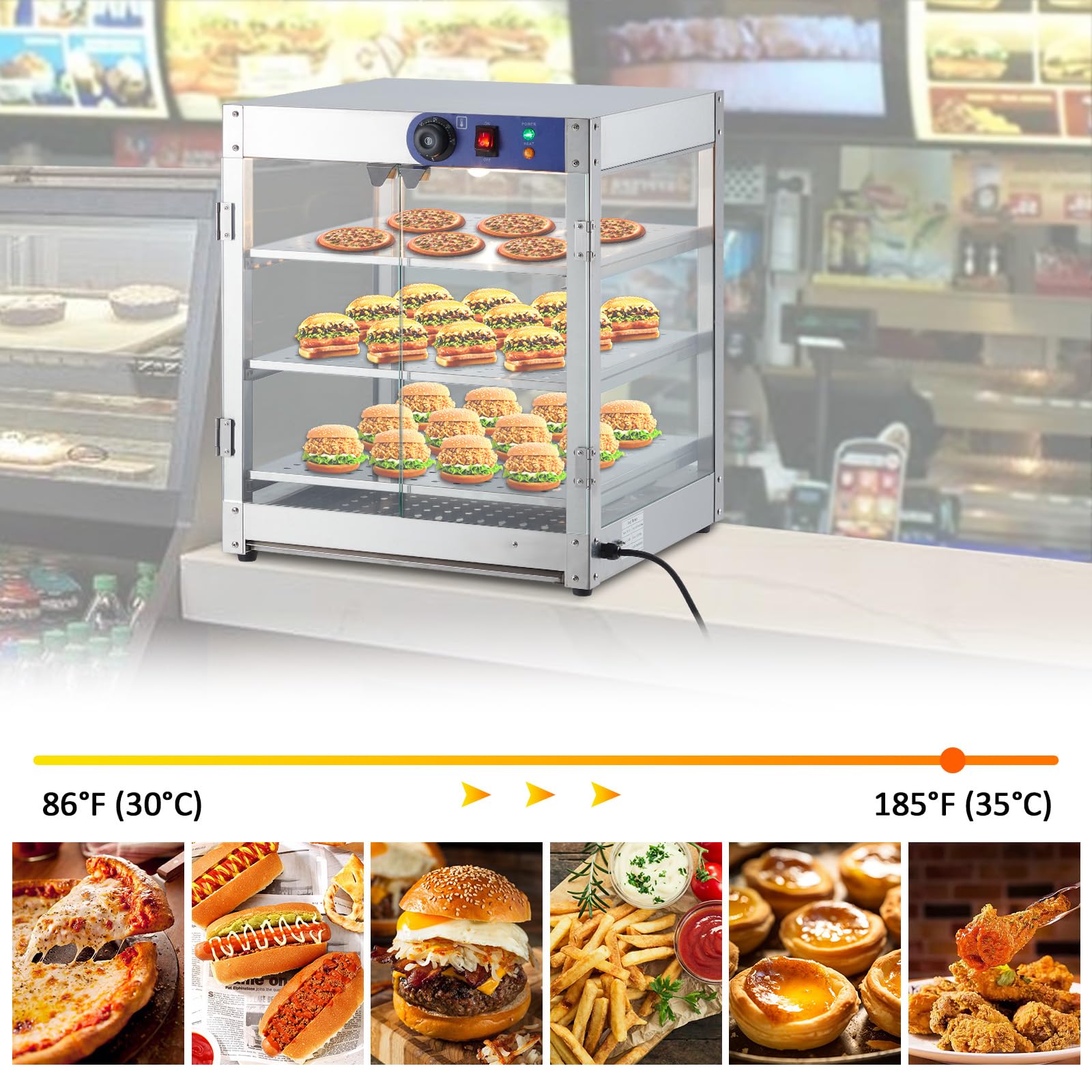 Commercial Food Warming Display Cabinet, 20" 3 Tier, 800 Watt Hot Dog Warmer with 3D Heating, Bottom Fan, Countertop Pastry Warmer, Temperature Knob/Indicator, Stainless Steel Framed Glass Door