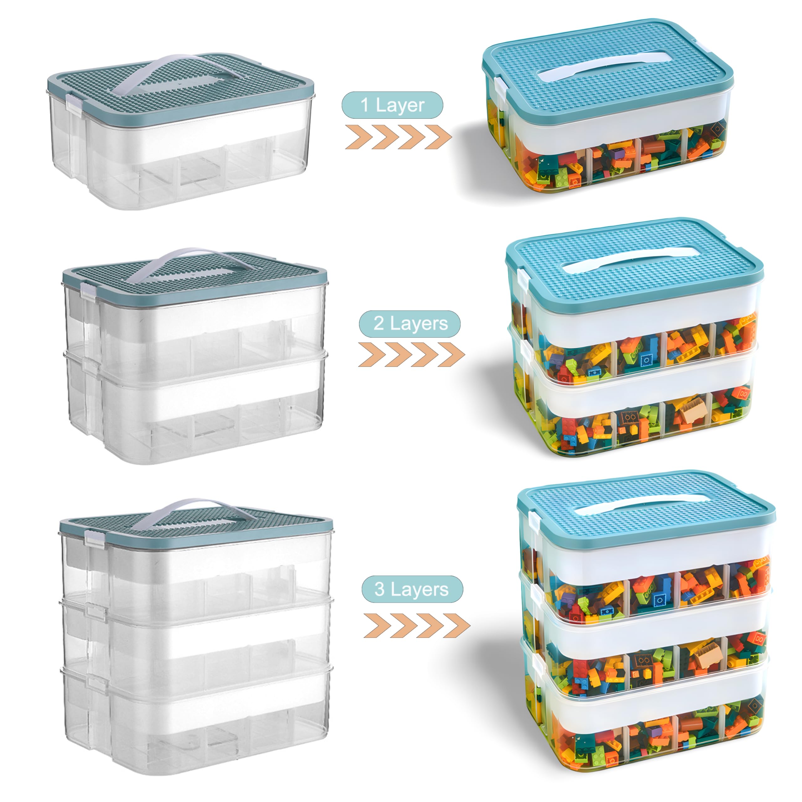 PeoTRIOL 3-Tier Stackable Toy Storage Box with Lid Dividers, Kid Toy Blocks Organizer Container Removable Tray, Plastic Toy Chest Organizer for Baby Nursery Playroom - Toy Blocks Not Included