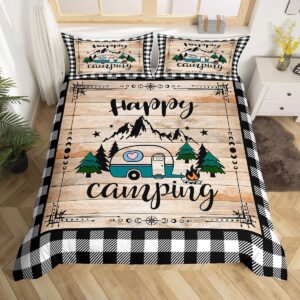 camp travel car duvet cover balck and white buffalo plaid queen bedding sets for girls, camping decor for camper comforter cover, vintage brown barn door plank cottage cabin farmhouse decor