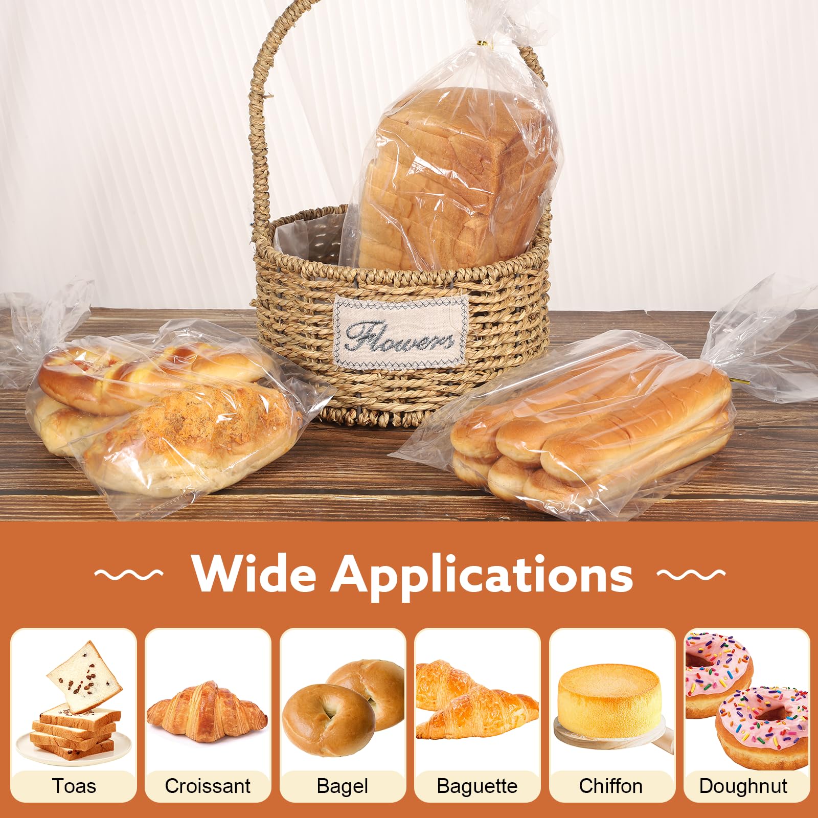 65 Pcs Bread Bags for Homemade Bread, 8"x 18" Clear Plastic Bread Bags with 100 Ties 75 Stickers Reusable Bread Storage for Home Bakery Christmas Gift Wrap