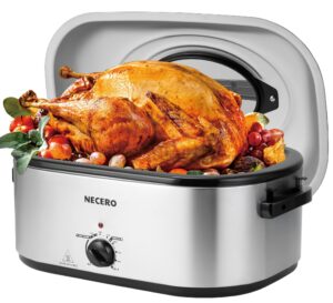 necero roaster oven 28 quart electric, electric roaster pan with visible&self-basting lid, large stainless steel electric turkey roaster oven defrost warm function, removable pan rack, up to 24lb