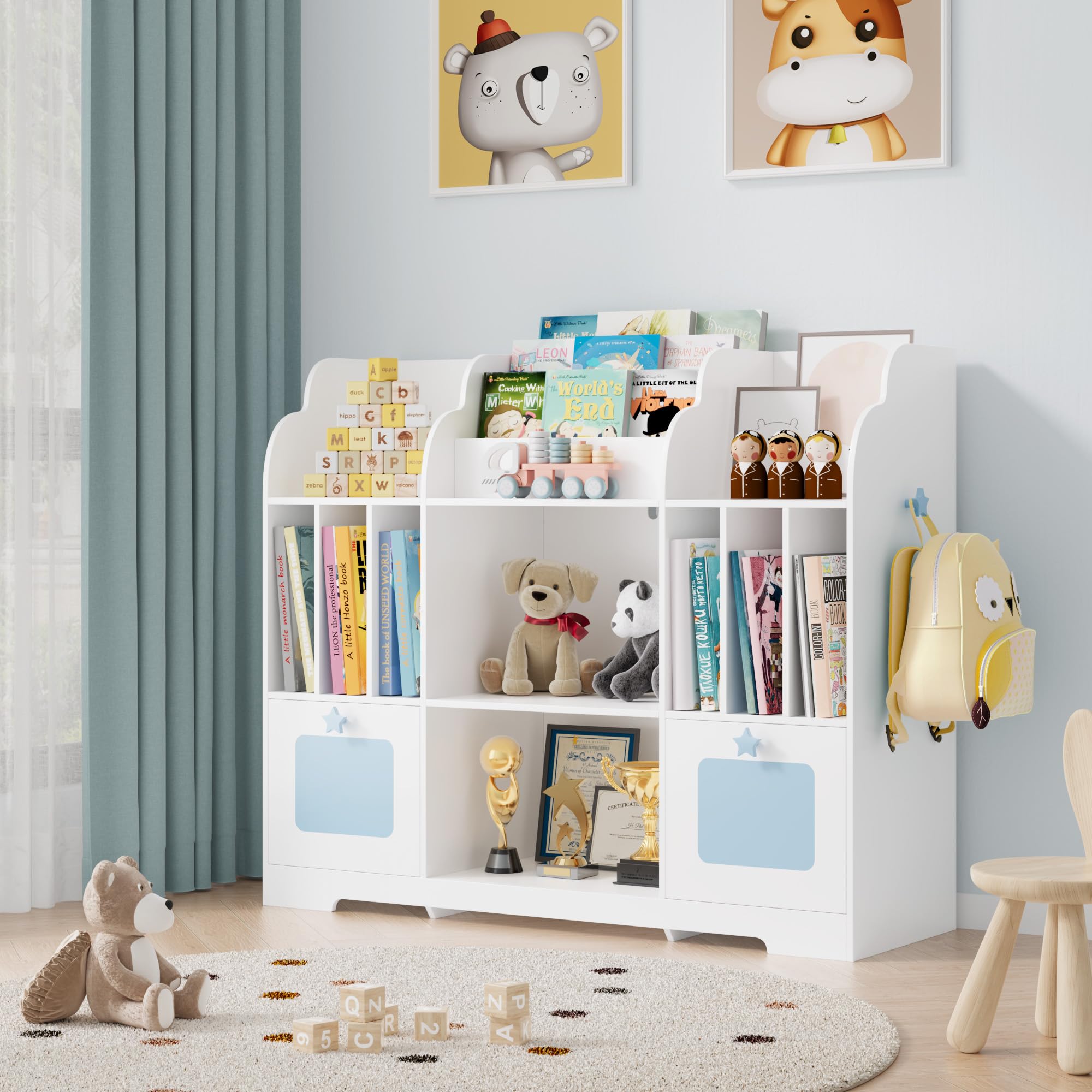 FACBOTALL Kids Bookshelf with 2 Drawers, 3 Tier Wooden Toy Storage Organizer, Wavy-Patterned Toy Box for Boys & Girls, Toddler Book Shelf for Kids Rooms, Nursery, Playroom, Living Room, White & Blue