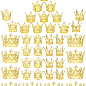 Benvo 40 Pcs Gold Crown Cake Topper Pearl Rhinestone Mini Crowns Small Diamond Tiaras for Flower Bouquet Cupcake Centerpieces Decoration of Girl Lady Bridal Wedding Birthday Party, 4 Crown Designs