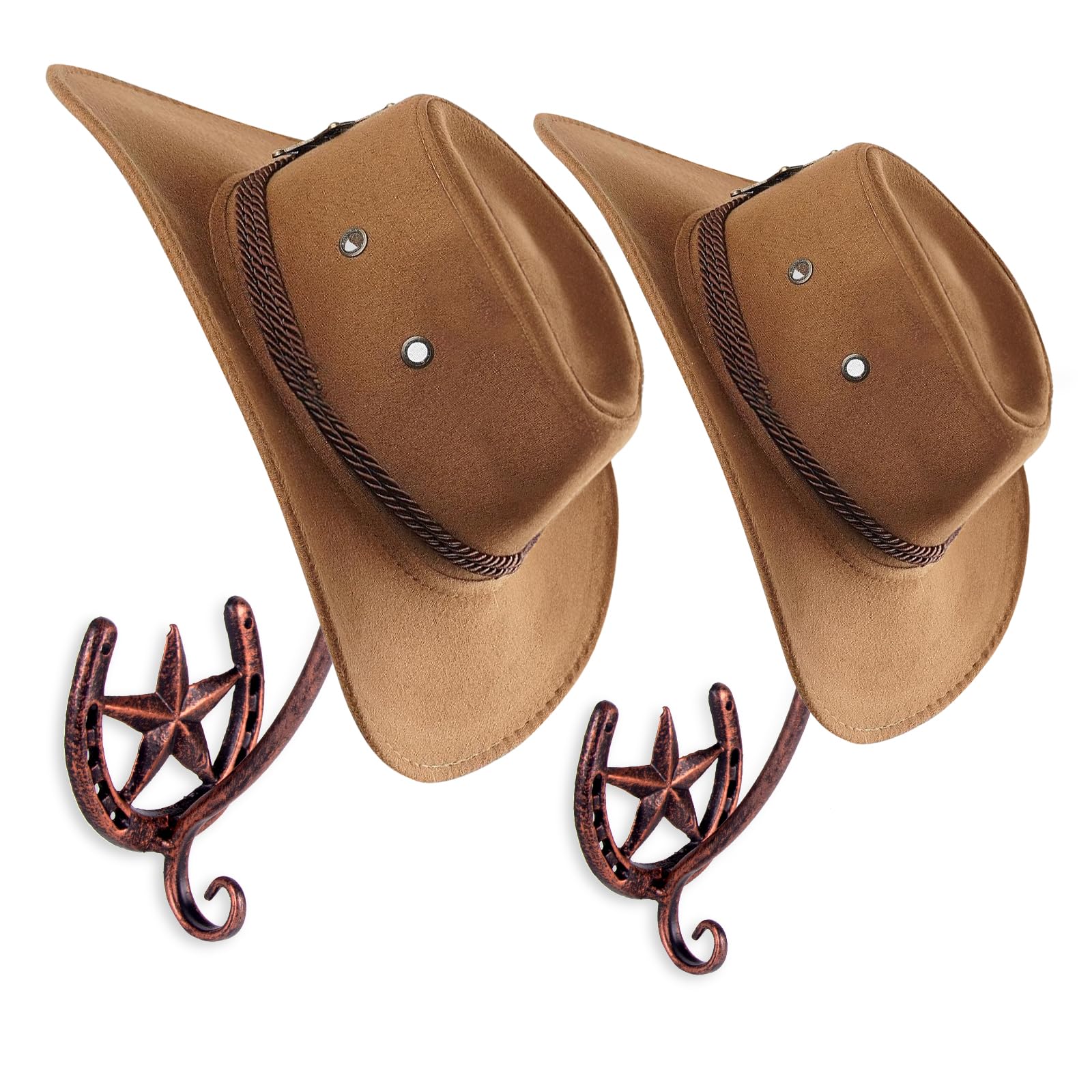 MASJENBU Cowboy Hat Rack for Wall 2 Pack Large Metal Cowboy Hat Holder Western Home Decor Cowboy Hat Wall Hanger with Hooks for Storage and Display at Closet Bedroom Living Room (2 Pack), cast