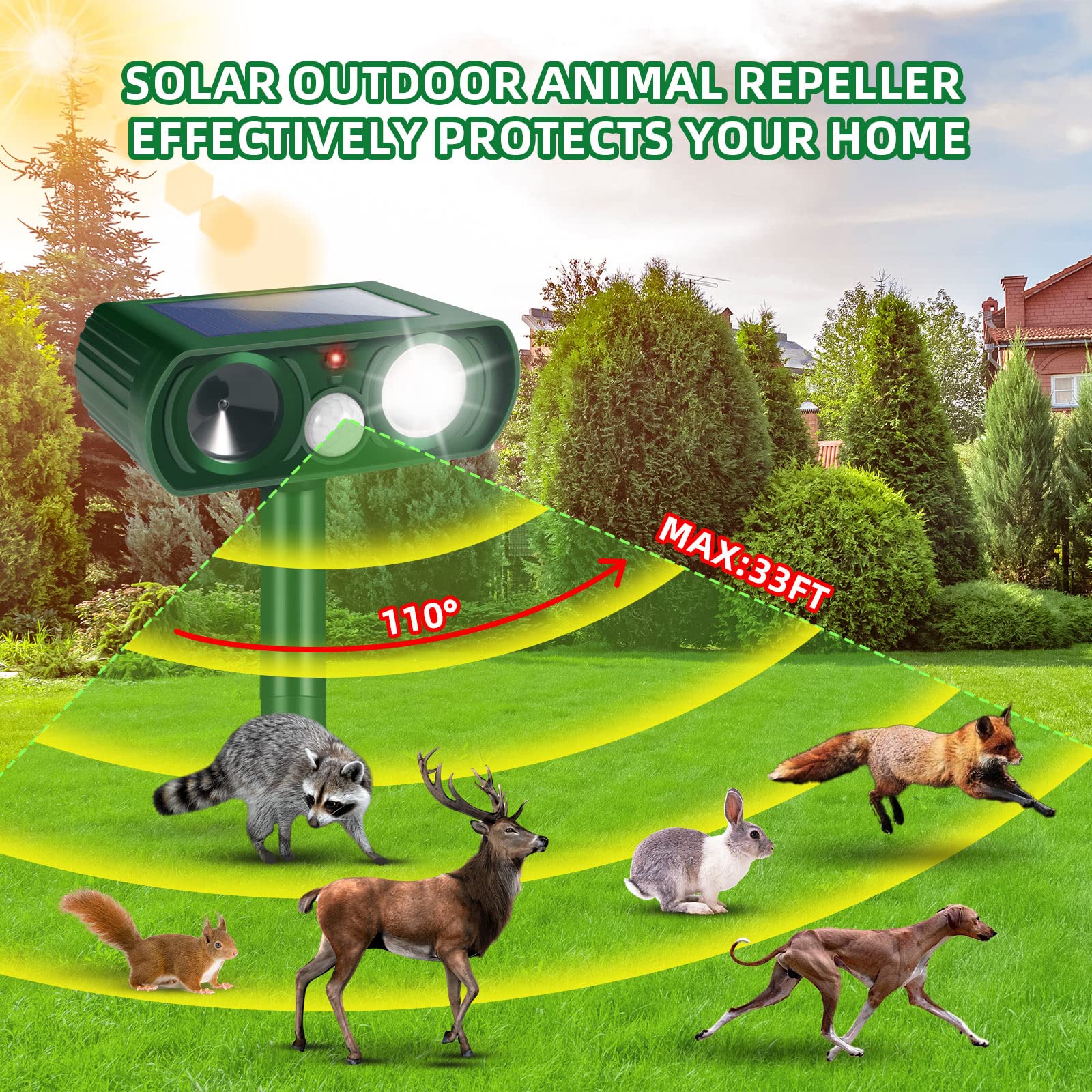 Solar Ultrasonic Animal Repellent Outdoor,Deer Repellent Cat Deterrent with Motion Sensor & Flashing Light Animal Repeller to Repel Dog Squirrel Rabbit Raccoon Skunk Coyote Out of Yard Garden (4)