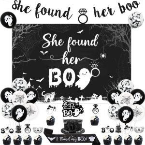 wonmelody halloween bachelorette party decor with she found her boo banner backdrop halloween bridal shower decor cake toppers sash boochelorette ghost spooky october decor for bachelorette wedding