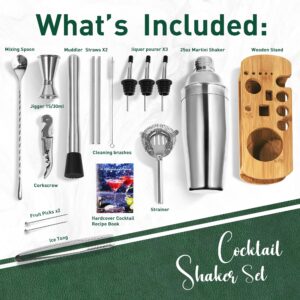 CasaCulina Cocktail Shaker Set Mixology Bartender Kit with Stand, 17 Piece Bar Tool Set: Martini Shaker, Jigger, Strainer, Mixer Spoon, Muddler, Liquor Pourers for Drink Mixing Bartending Kit(Silver)