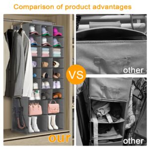 Hanging Shoe Organizer for Closet, Closet Hanging Shoe Storage Rack Holder Shelves,Collapsible Shoe Closet Organizers and Storage with 4 Large Side Pockets,25 Sections for Shoes,Hats,Clothes(Gray)