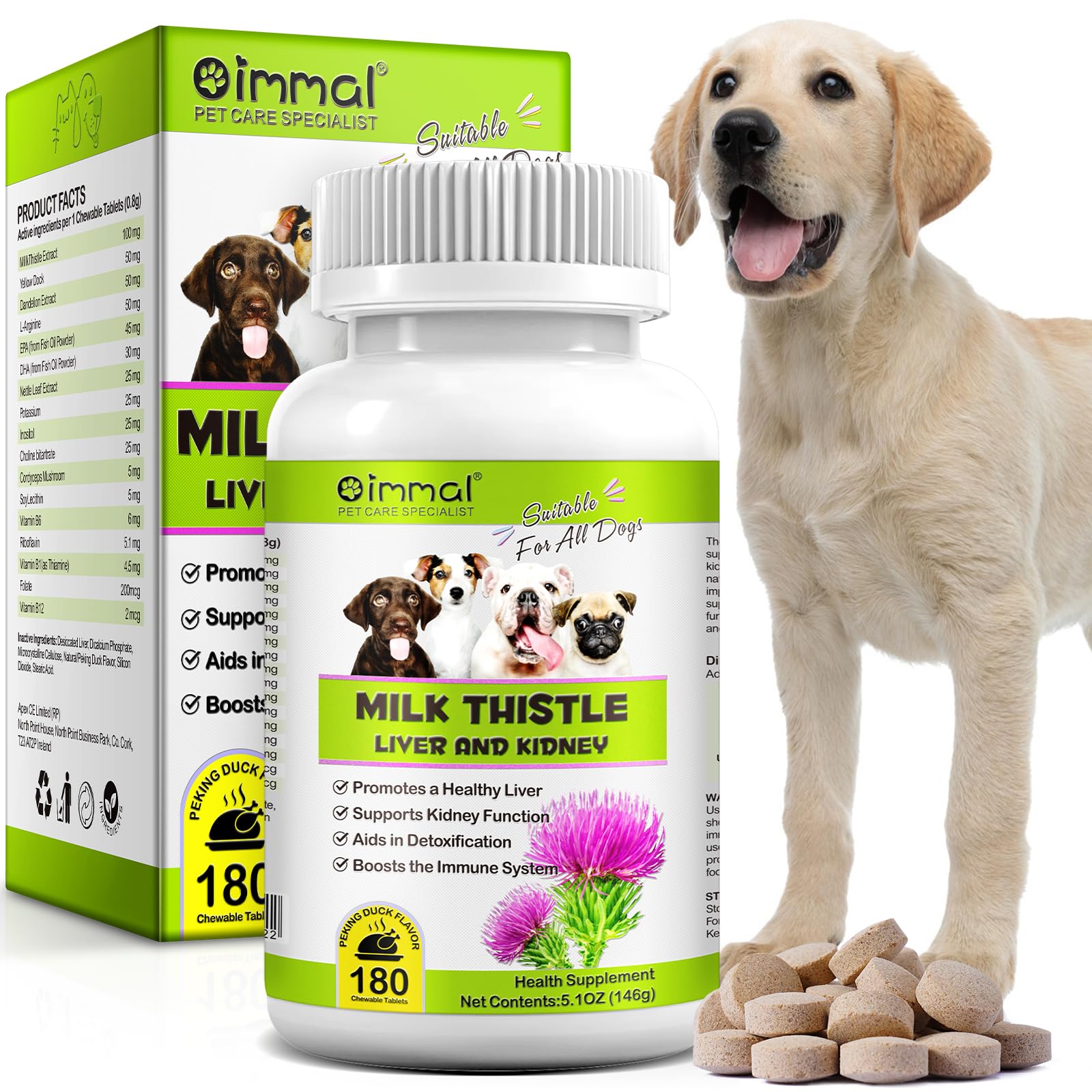 Milk Thistle for Dogs, 180 Chewable Tablets Milk Thistle Supplement for Dogs Natural Liver Support for Pets, Kidney Cleanse & Repair, Boosts Immune System Peking Duck Flavor