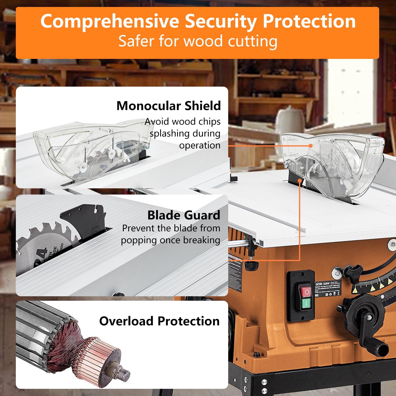 10inch Table Saw, 15A & 5000RPM Portable Table Saw with Stand & Safety Switch, Push Stick, 90°Cross Cut & 0-45°Cutting, Multifunctional Table Saw for Woodworking, DIY Working, Orange