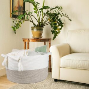 Blanket Basket Living Room, 20"x13" Woven Baskets for Blanket Toy Storage, Cotton Rope Basket for Organizing, Large Laundry Basket for Living Room, Nursery, Pillows, Baby Toy chest