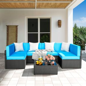 pamapic 7-piece outdoor furniture,all-weather wicker modular sectional sofa with patio crystal coffee table, adjustable reclining sectional couch with washable removable cushion covers, light blue