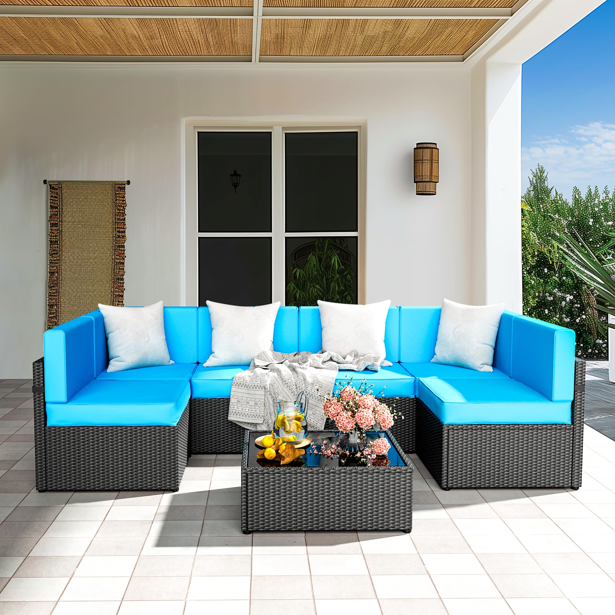 Pamapic 7-Piece Outdoor Furniture,All-Weather Wicker Modular Sectional Sofa with Patio Crystal Coffee Table, Adjustable Reclining Sectional Couch with Washable Removable Cushion Covers, Light Blue