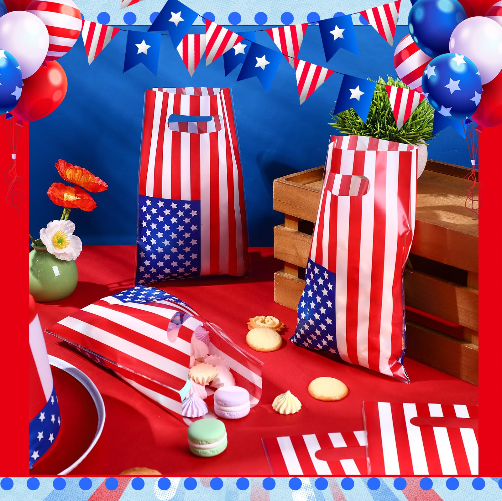 Chivertion 100 Pieces Patriotic Plastic Gift Bags Bulk American Flag Veterans Day Goodies Bags Red White and Blue Party Favors Bags Treat Bags for Labor Day Party Decoration