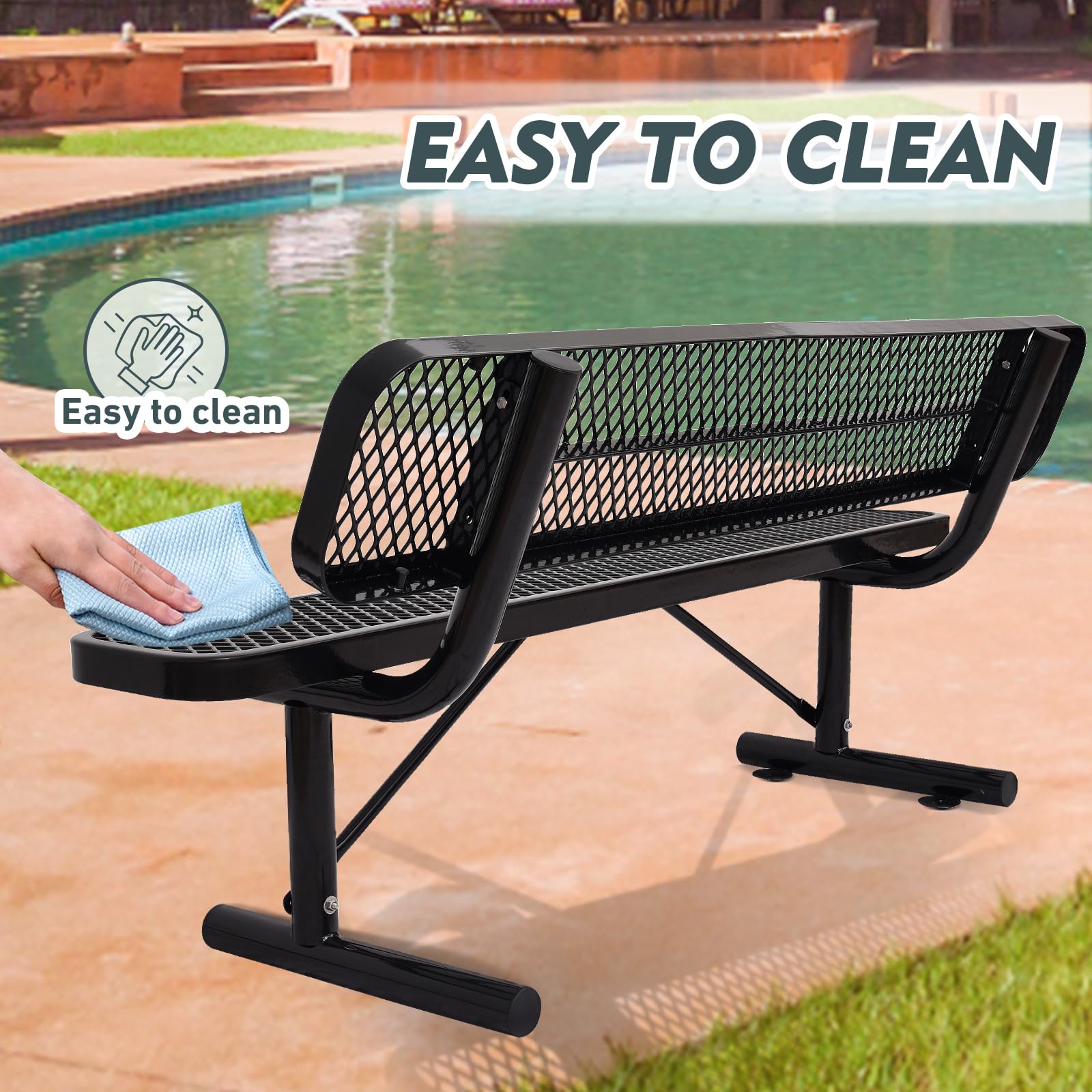 6FT/72'' Heavy Duty Park Bench with Back Portable Frame, Outdoor Metal Park Bench with Backrest, Steel Mesh Outdoor Bench for Garden, Lawn, Patio, Porch, Park, Yard, Black, 72.4" L x 23.2" W x 32.5" H