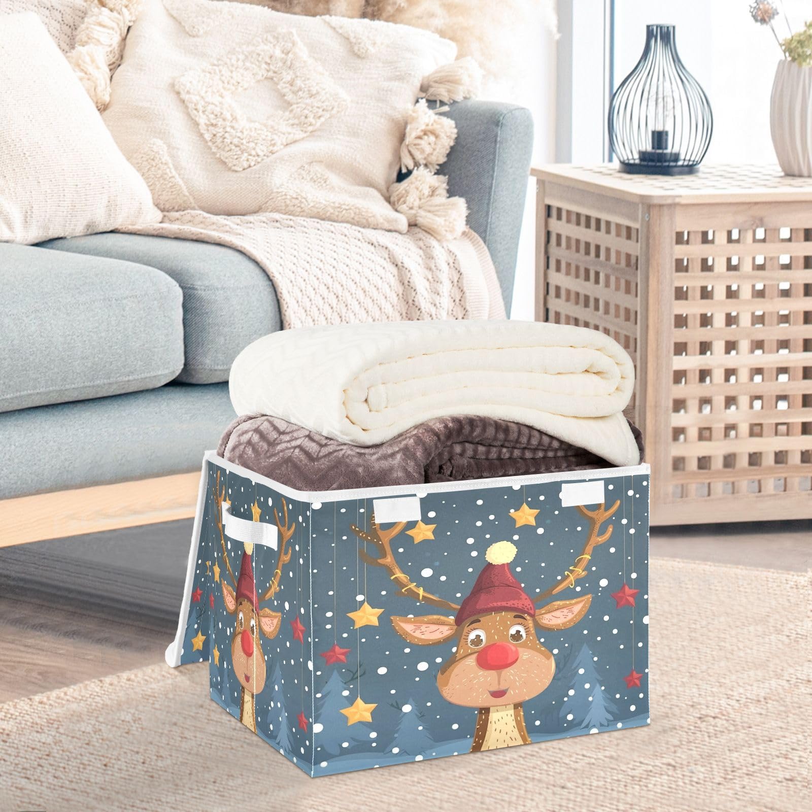 DALAWU Containers Baskets with Lids Christmas Reindeer with Red Nose Foldable Storage Bins Organizer with Lid Collapsible Storage Boxes for Home Bedroom Closet Office