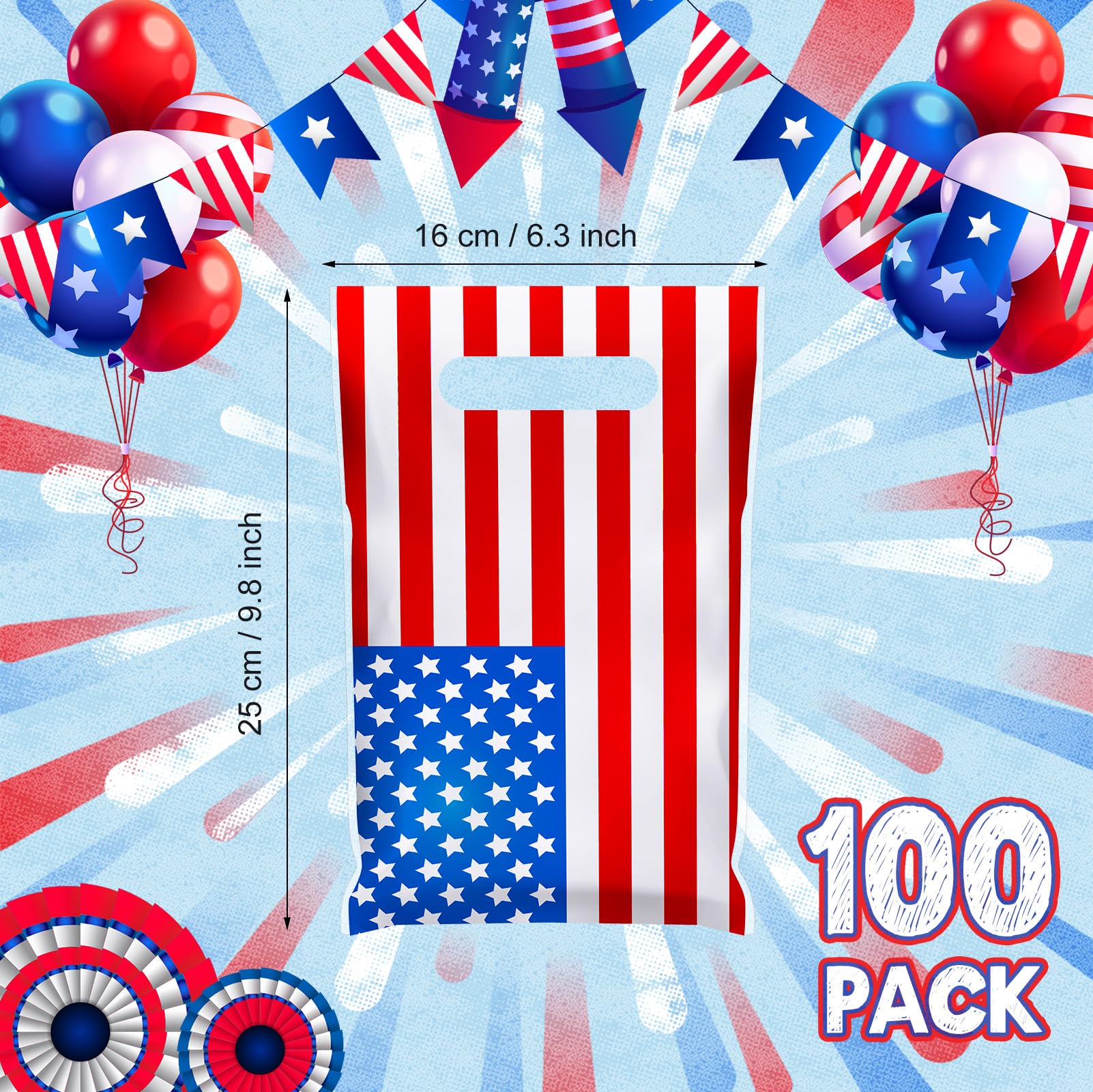 Chivertion 100 Pieces Patriotic Plastic Gift Bags Bulk American Flag Veterans Day Goodies Bags Red White and Blue Party Favors Bags Treat Bags for Labor Day Party Decoration