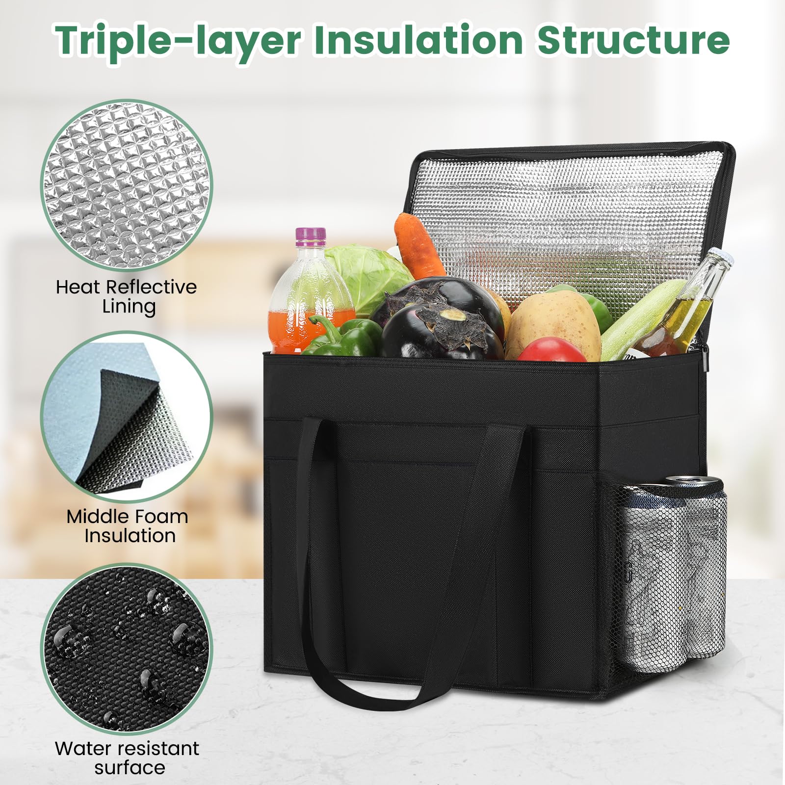 Carbrea Insulated Reusable Grocery Bags - 2 Pack Foldable Cooler Bag Shopping Bags with Side Mesh Pocket Food Delivery Bag for Men Women Storage Shopping Picnic - Black