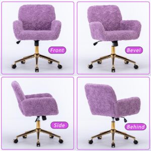 anwickjeff Modern Vanity Desk Chair - Comfy Makeup Chair withBack, Adjustable Height, Gold Feet and Rolling Wheels, Luxurious Faux Rabbit Fur, Perfect for Home Office & Bedroom (Purple)