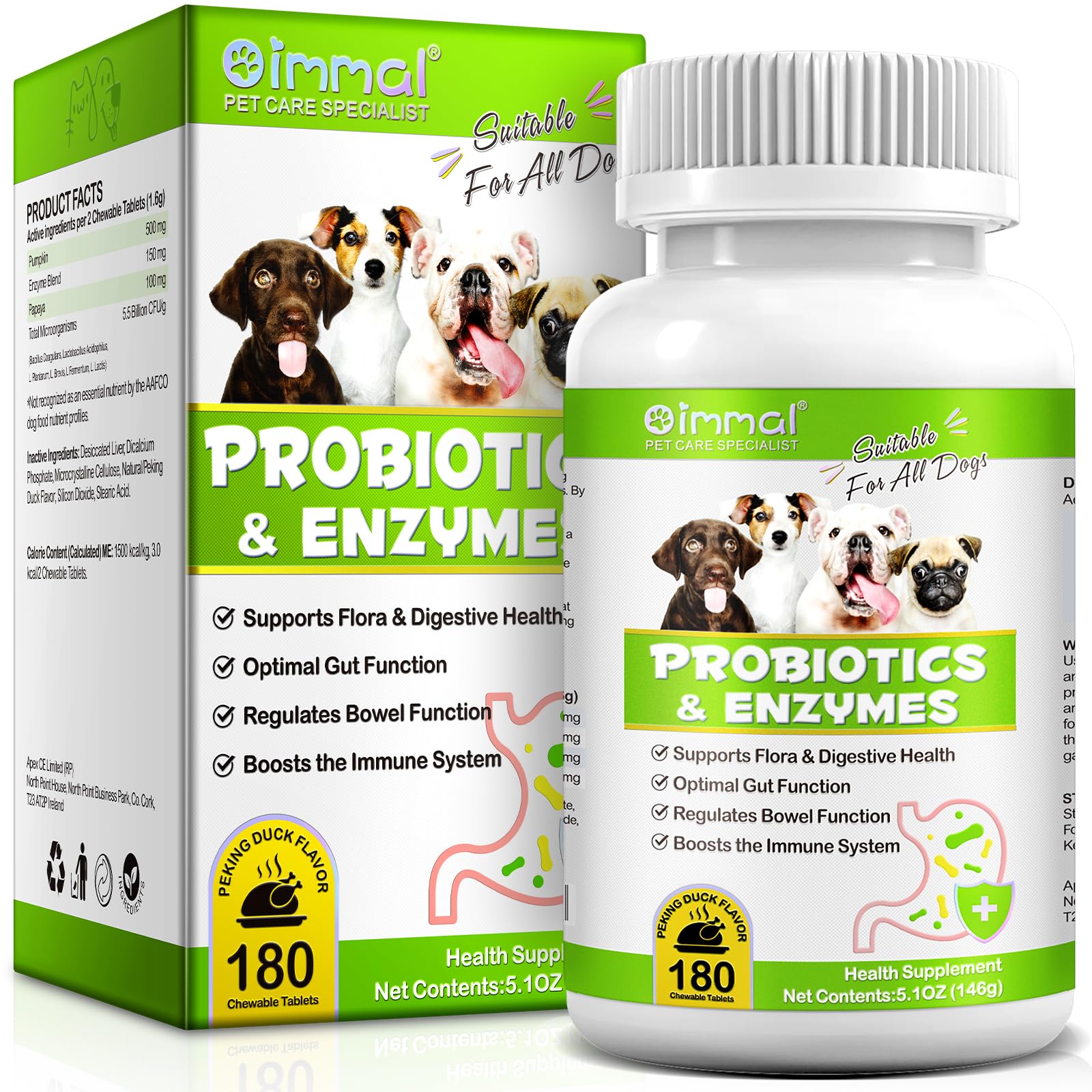 Probiotics for Dogs, 180 Chews Dog Probiotics and Digestive Enzymes, Promotes Gut Health, Dog Probiotics for Bowel Support, Immunity Health