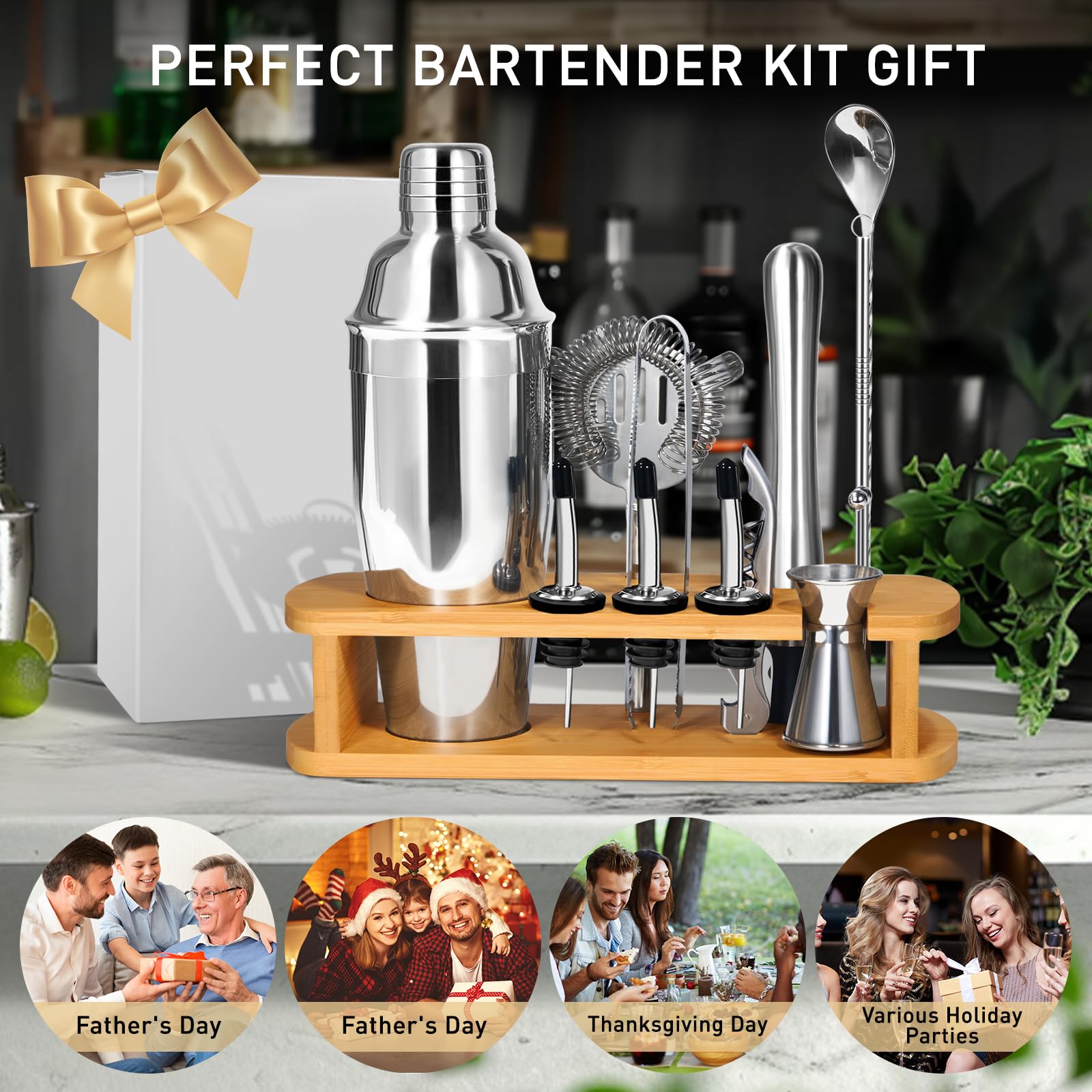 CasaCulina Cocktail Shaker Set Mixology Bartender Kit with Stand, 17 Piece Bar Tool Set: Martini Shaker, Jigger, Strainer, Mixer Spoon, Muddler, Liquor Pourers for Drink Mixing Bartending Kit(Silver)