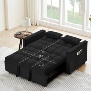 GNIXUU Black Convertible Sofa Bed, Sleeper Sofa Couch w/Pull Out Bed, 55.2" Modern Velvet Loveseat Lounge Sofa Bed w/Pillows & Adjustable Backrest for Small Space, Living Room, Apartment