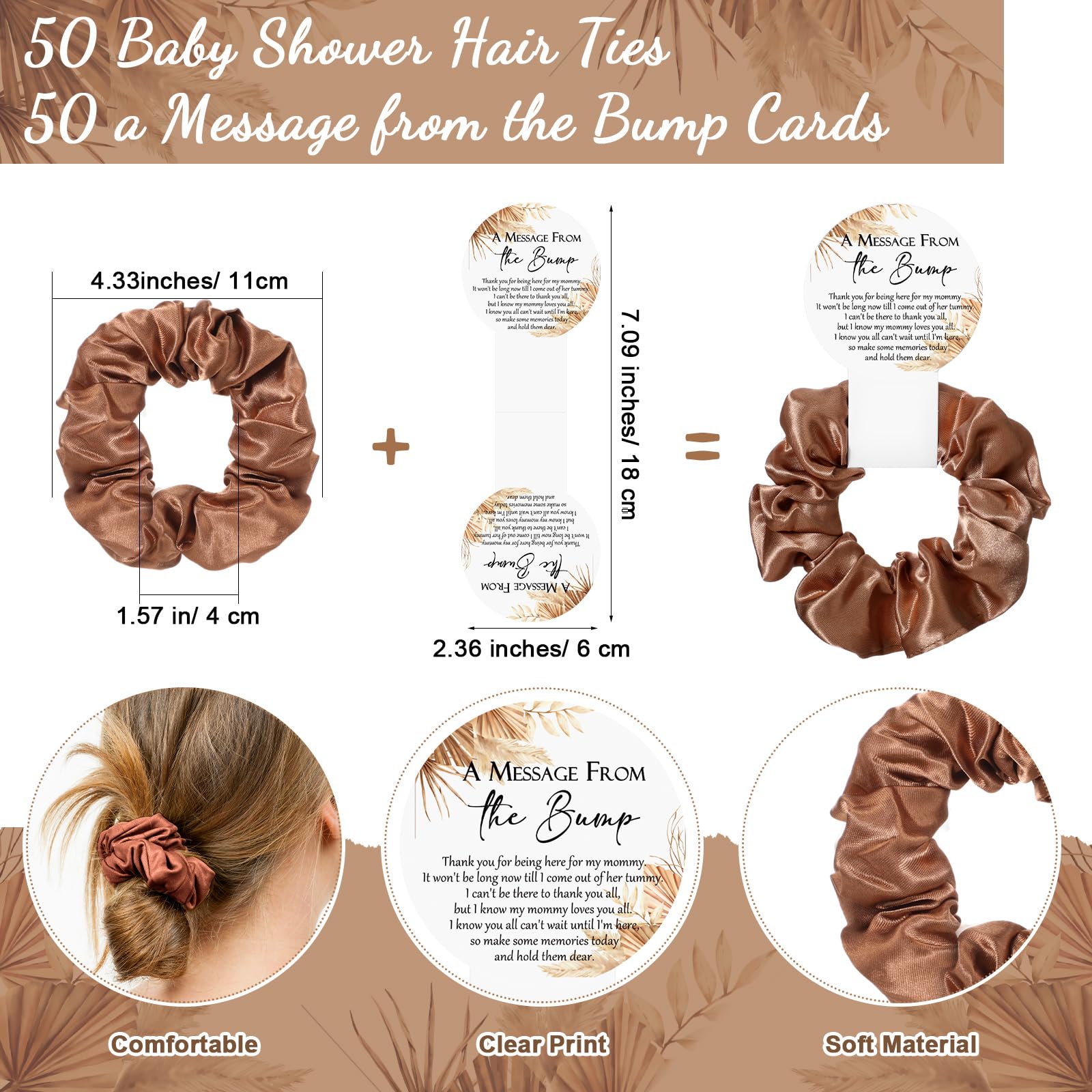 Yinkin 50 Sets Baby Shower Favors 1 Boho Theme Wooden Baby Shower Sign 50 Brown Hair Scrunchies Brown Hair Ties with a Message from The Bump Cards Baby Shower Gender Reveal Gift Celebrating Supplies