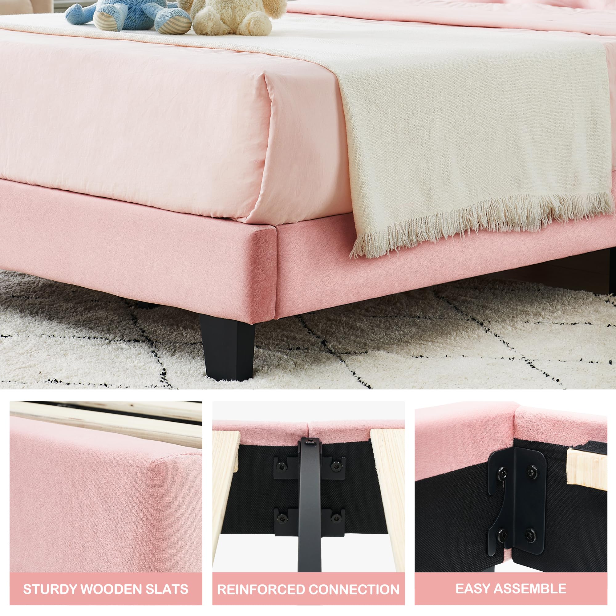 coucheta Twin Bed Frame, Velvet Upholstered Platform Bed Frame with Headboard, Wooden Slats Support, Velvet Fabric Anti Slip and Noise Free, No Box Spring Needed, Easy Assembly, Pink