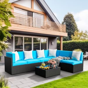 Pamapic 7-Piece Outdoor Furniture,All-Weather Wicker Modular Sectional Sofa with Patio Crystal Coffee Table, Adjustable Reclining Sectional Couch with Washable Removable Cushion Covers, Light Blue