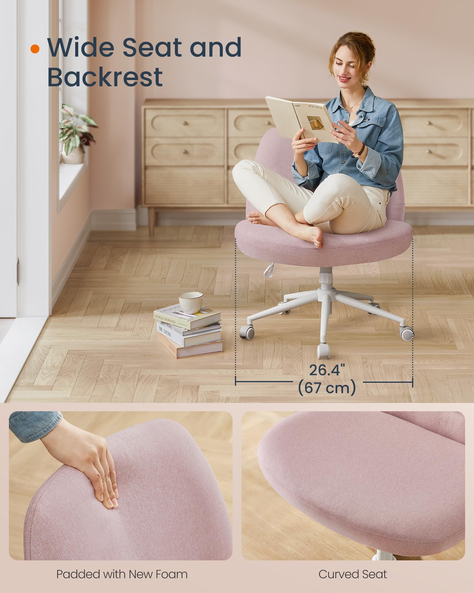 SONGMICS HOME Criss Cross Chair with Wheels, Armless Cross Legged Office Desk Chair, Wide Comfortable Adjustable Swivel Vanity Chair for Home Office, Cotton-Linen Fabric, Jelly Pink UOBG047R03