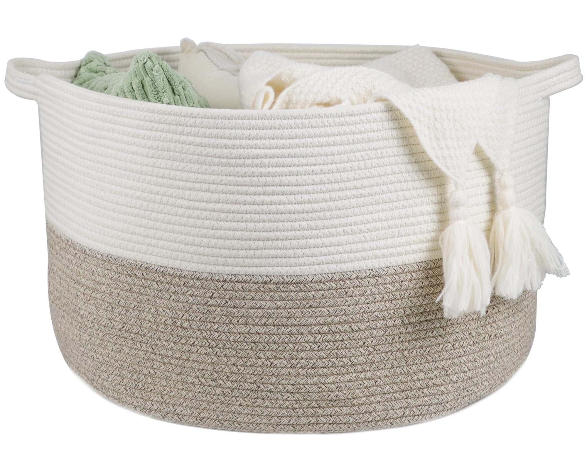 Blanket Basket Living Room, 20"x13" Woven Baskets for Blanket Toy Storage, Cotton Rope Basket for Organizing, Large Laundry Basket for Living Room, Nursery, Pillows, Baby Toy chest