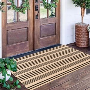 Black and Tan Striped Outdoor Rug 2'x4',Front Porch Rug Machine Washable Front Door Mat Entryway Throw Rug for Front Porch Indoor Outdoor Doormat