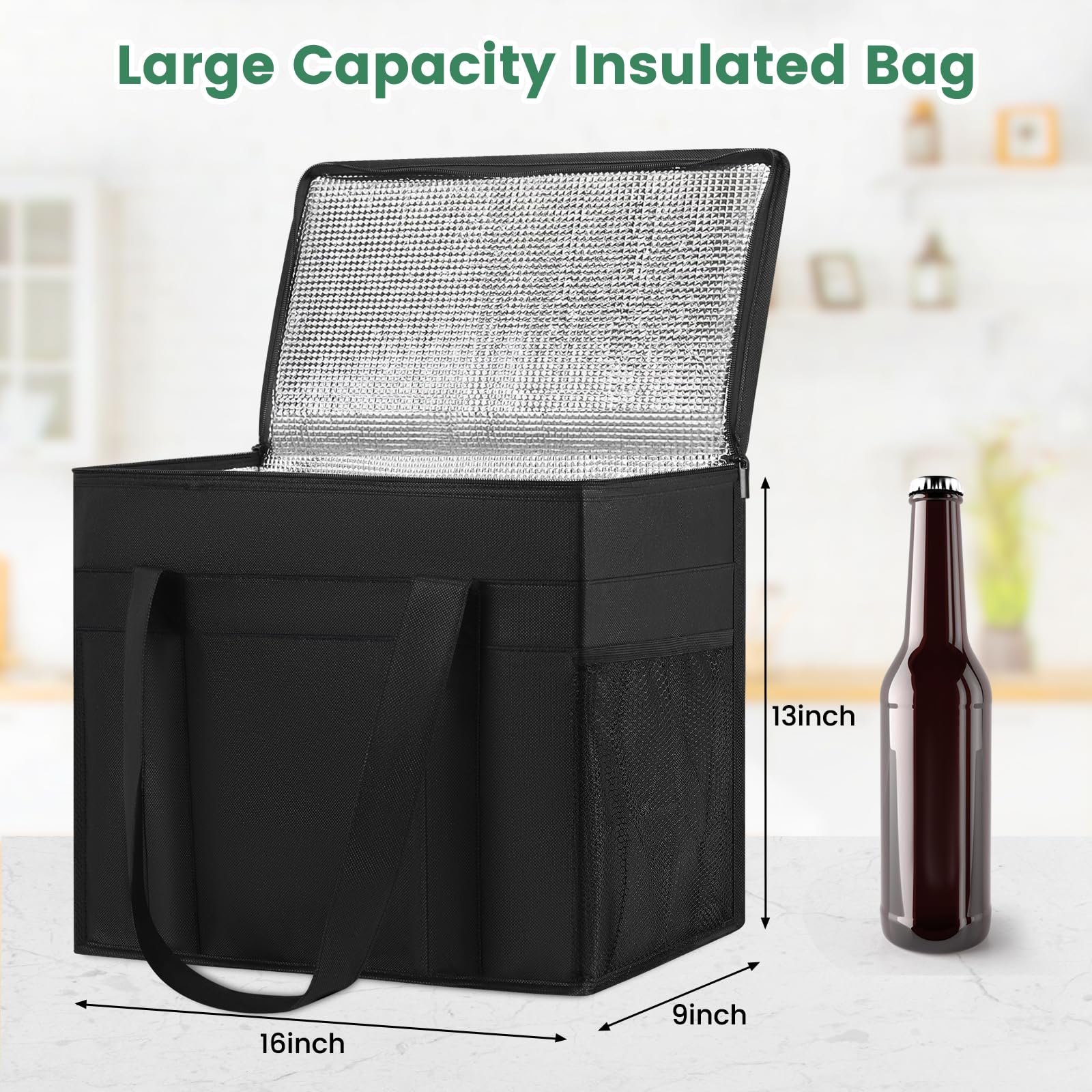 Carbrea Insulated Reusable Grocery Bags - 2 Pack Foldable Cooler Bag Shopping Bags with Side Mesh Pocket Food Delivery Bag for Men Women Storage Shopping Picnic - Black