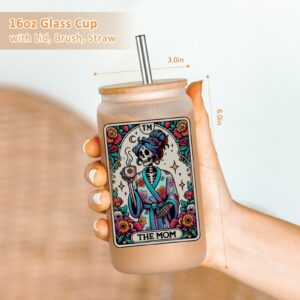 Fairy's Gift Skeleton Mom Iced Coffee Cups, Cute 16 oz Frosted Glass Cup with Lid and Straw, the Mom Tarot Card Christmas Aesthetic Skull Cups, Witchy Mama Gifts, Birthday Gifts for Mom Women